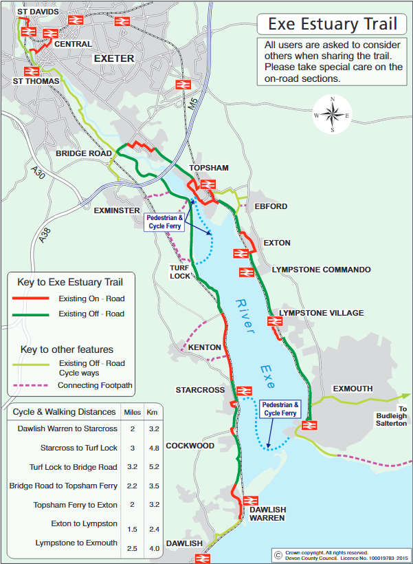 An illustrated map of the Exe Estuary showing the Exe Estuary Trail