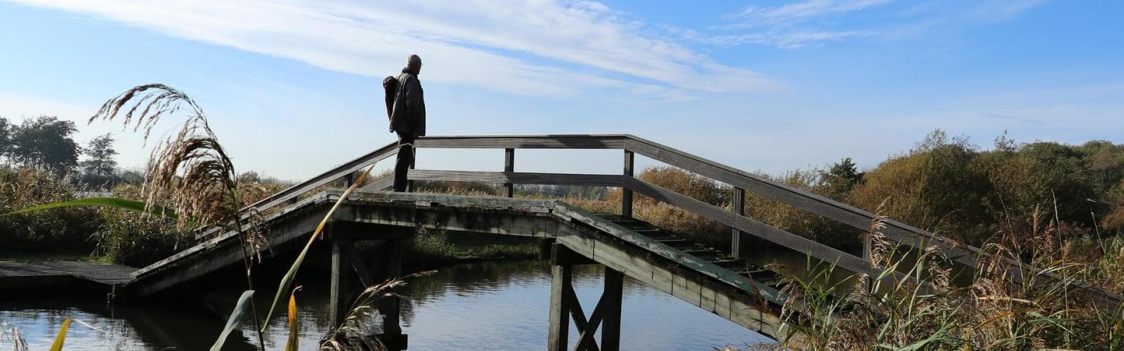 Adult male on a wooden bridge over a river looking out at the scenery