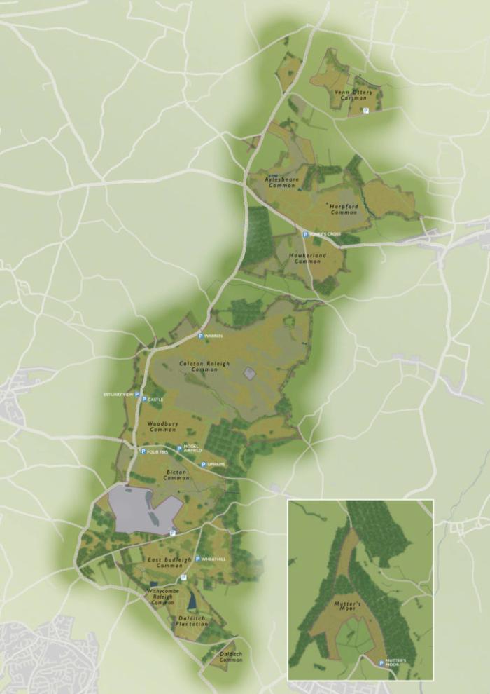 map of the East Devon Pebblebed Heaths