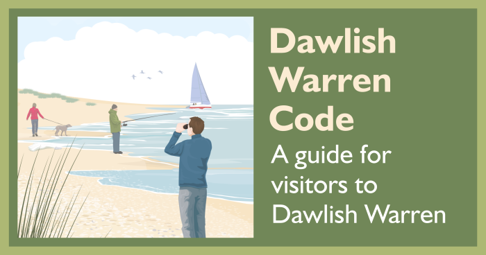 An illustration of Dawlish Warren with different activities (birdwatching, fishing etc), titled "Dawlish Warren Code of Conduct"