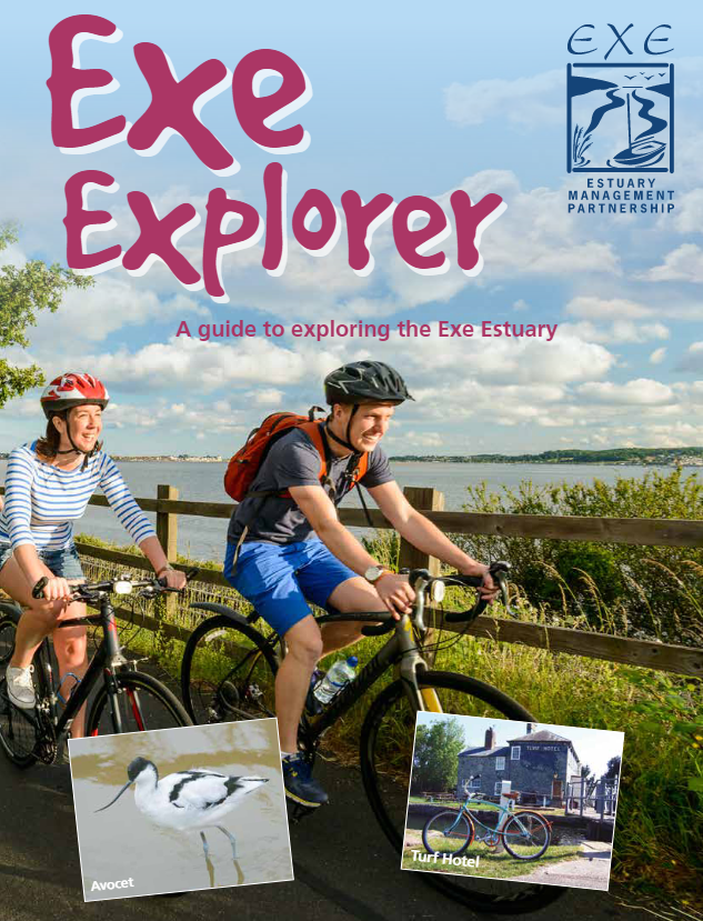 The front cover of the Exe Explorer leaflet showing cyclists on the Exe Trail