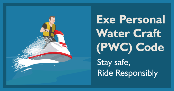 An illustration of a person on a jet ski with the title "Exe Personal Water Craft (PWC) Code"