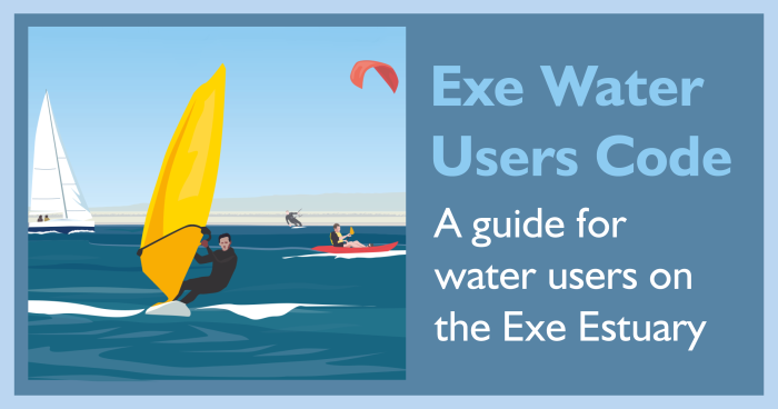 An illustration of a windsurfer and kitesurfer with the title "Exe Water Users Code"