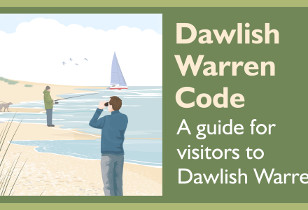 An illustration of Dawlish Warren with different activities (birdwatching, fishing etc), titled "Dawlish Warren Code of Conduct"